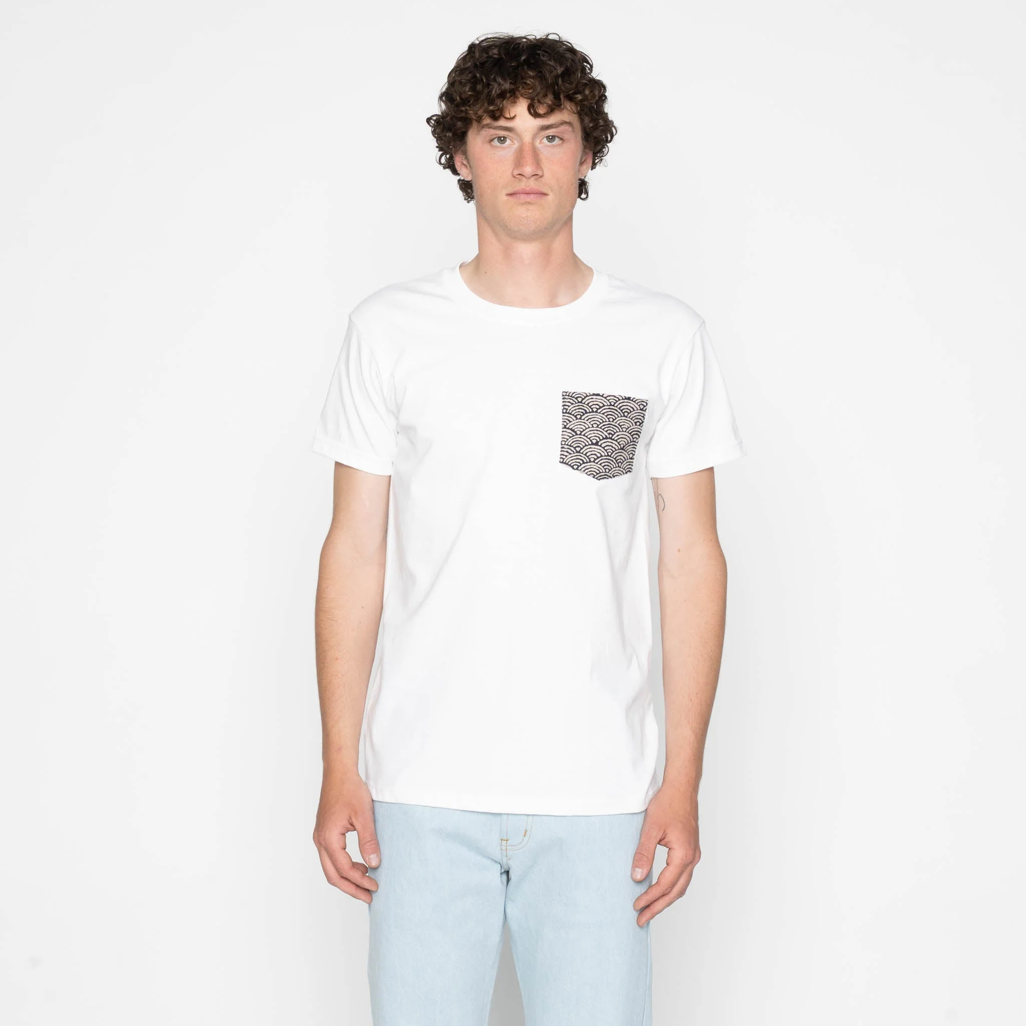 Pocket Tee - White + Seigaiha Waves - Indigo - Image 2