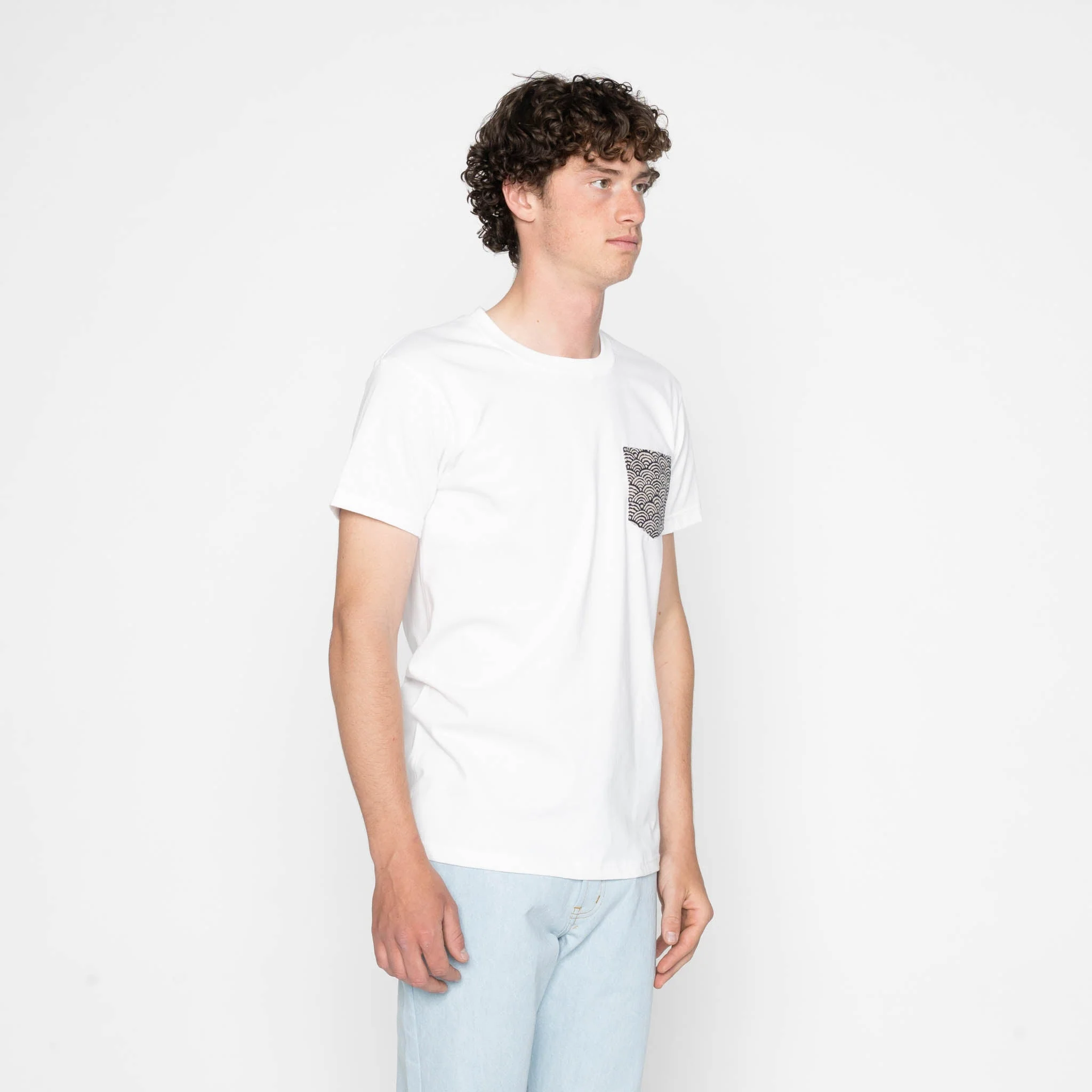 Pocket Tee - White + Seigaiha Waves - Indigo - Image 3