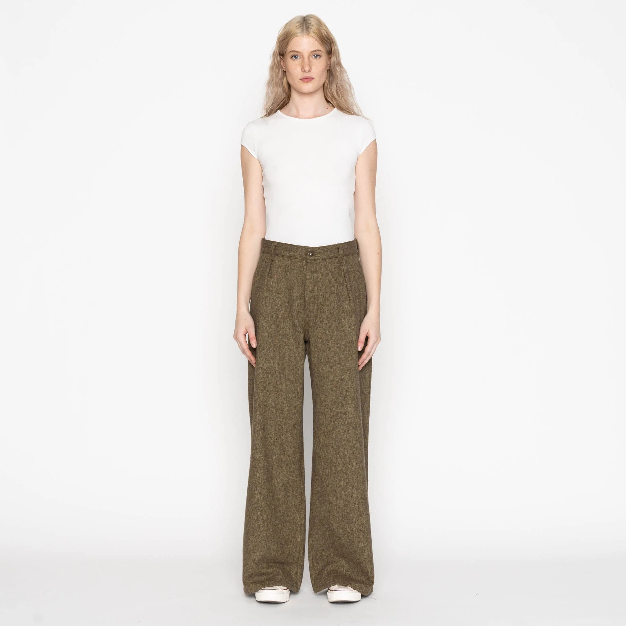 Wide Leg Trouser - Herringbone Triple Twist - Forest - Image 3